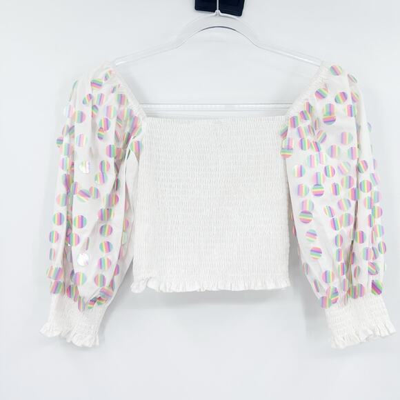 Queen of Sparkles White Smocked Top Iridescent Sequin Polka Dot Womens Size XS - Picture 11 of 14